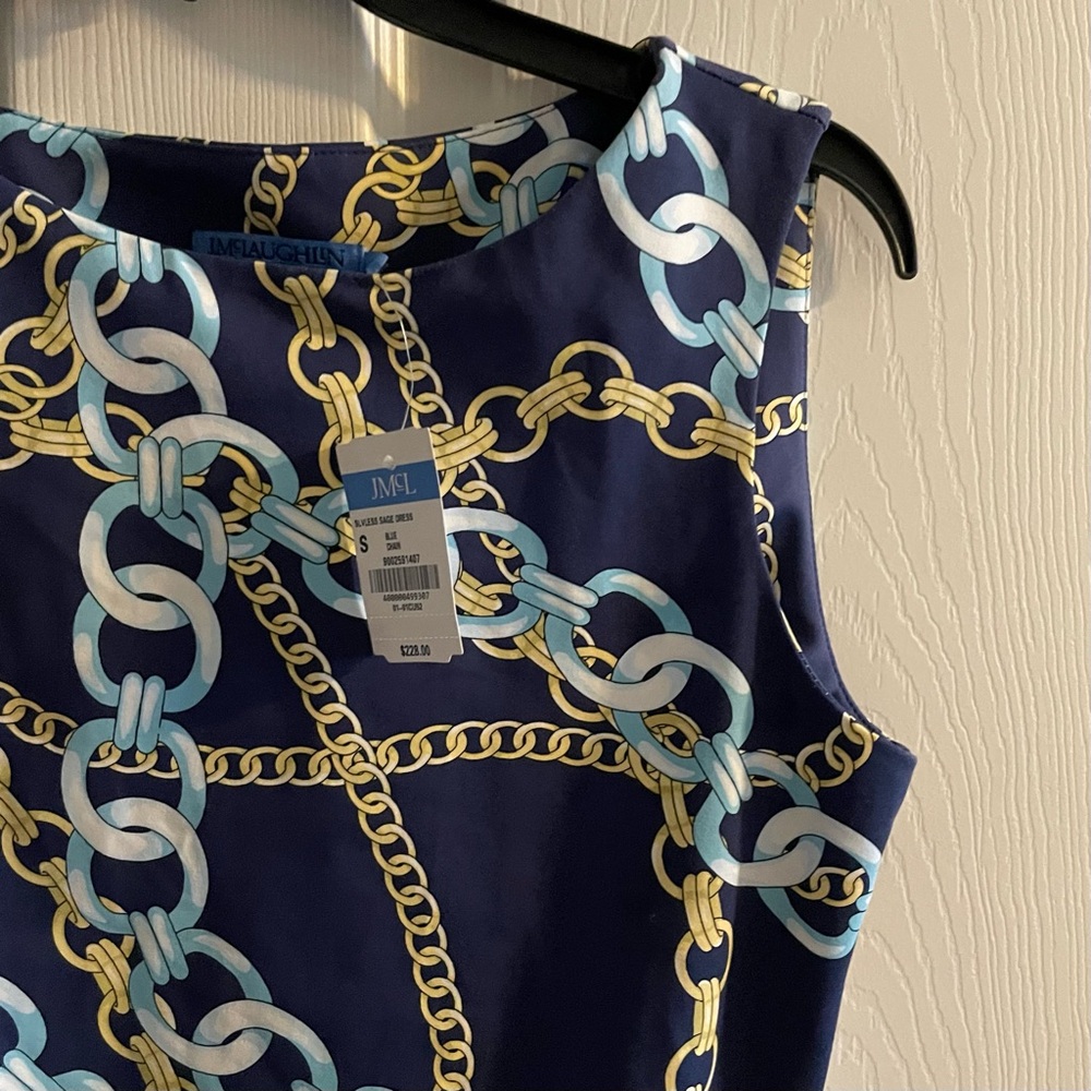 J. McLaughlin Sleeveless Blue Sage Chain link Print  Dress - Picture 3 of 5